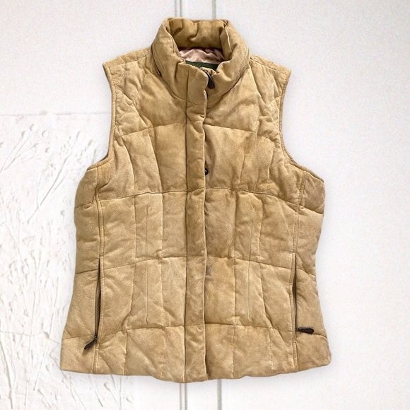 Leather down Puffer Vest in light brown / tan quilted goose down - Picture 1 of 5